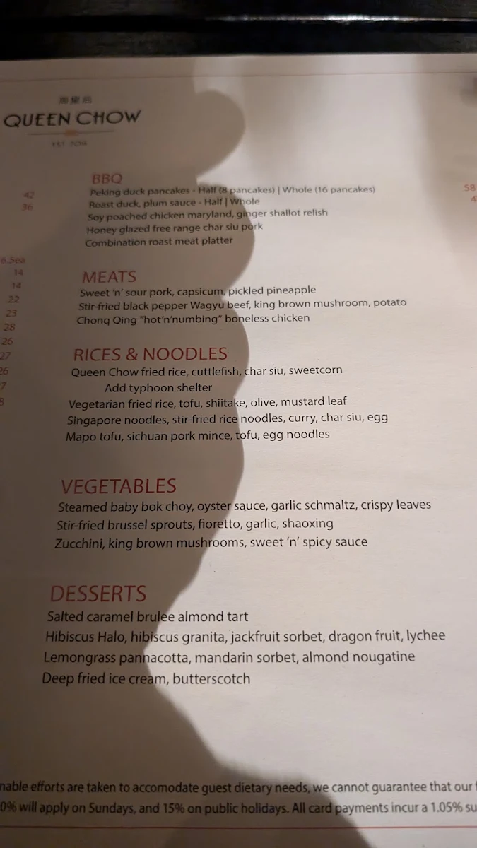 Menu, Queen Chow Enmore