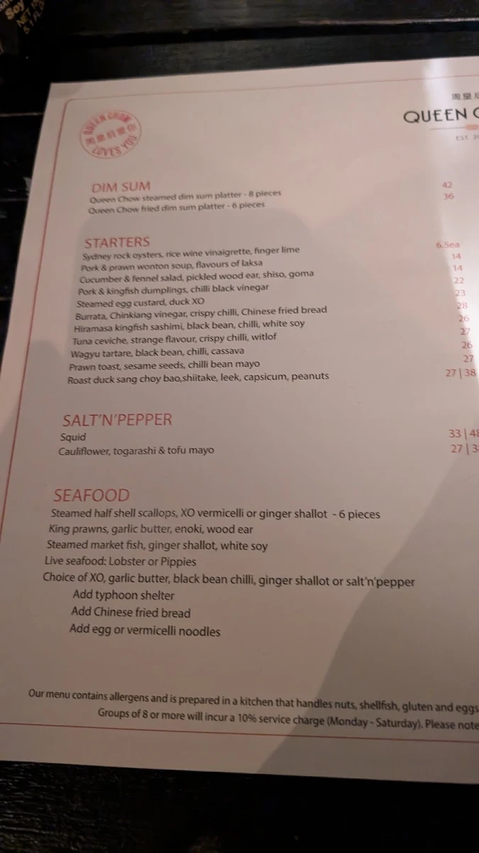 Menu, Queen Chow Enmore