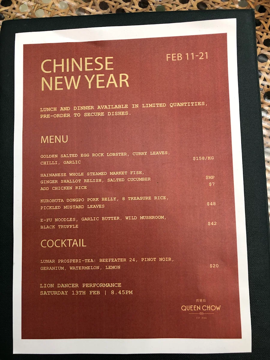 Menu, Queen Chow Enmore