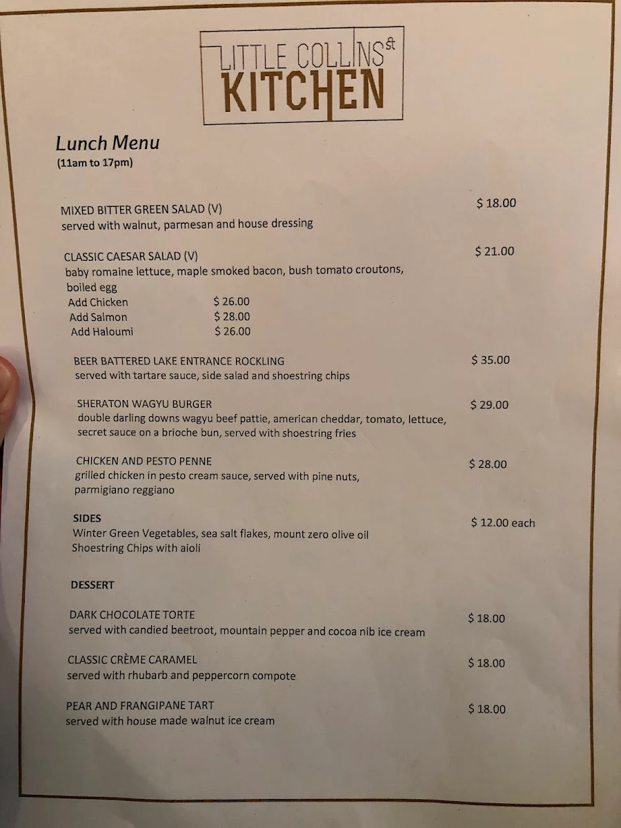 Menu, Little Collins St Kitchen Restaurant & Bar