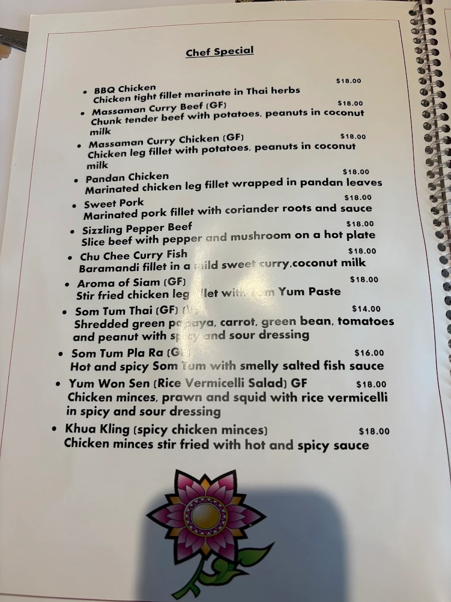 Menu, Manee Siam Thai Restaurant