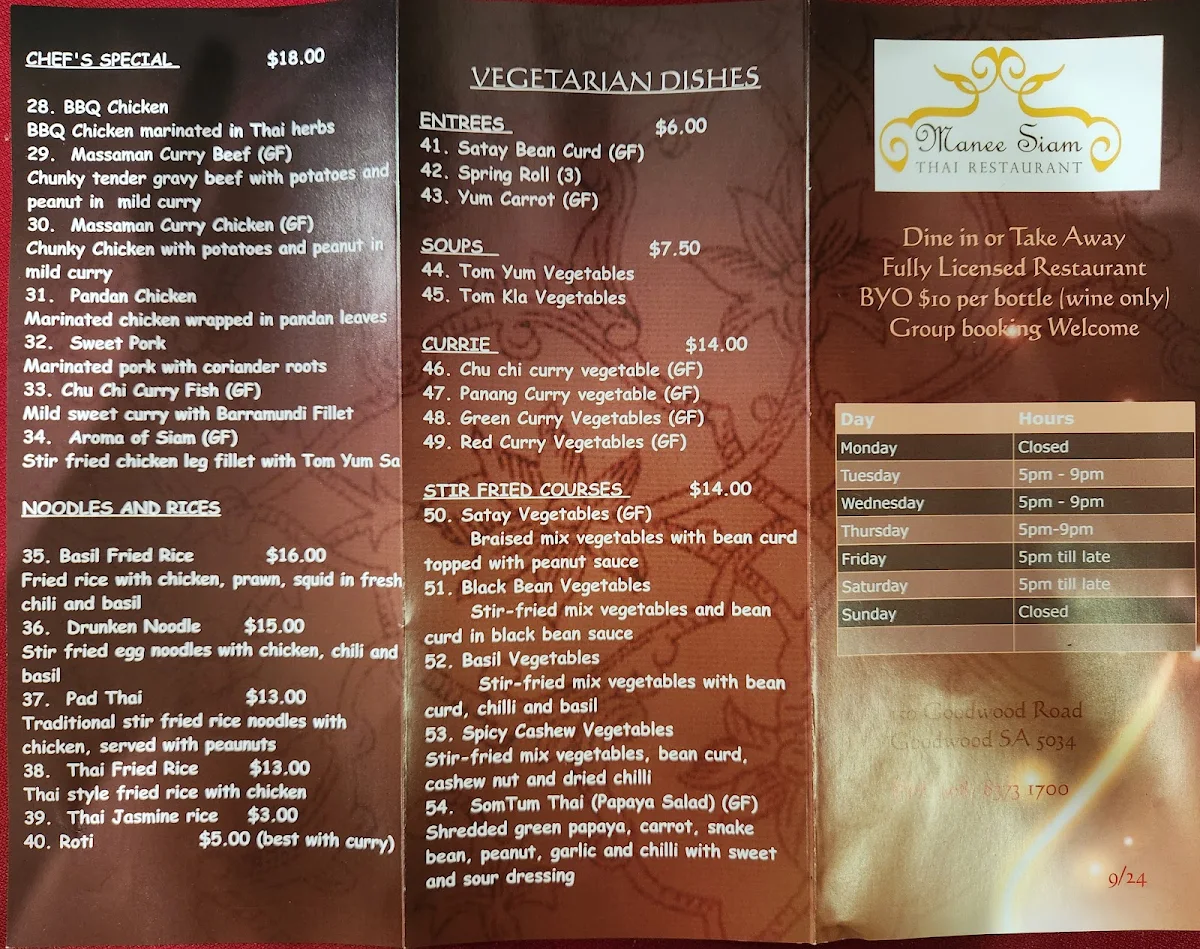 Menu, Manee Siam Thai Restaurant