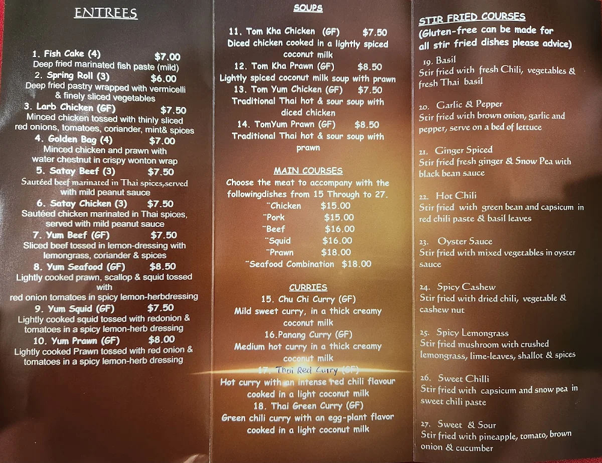 Menu, Manee Siam Thai Restaurant
