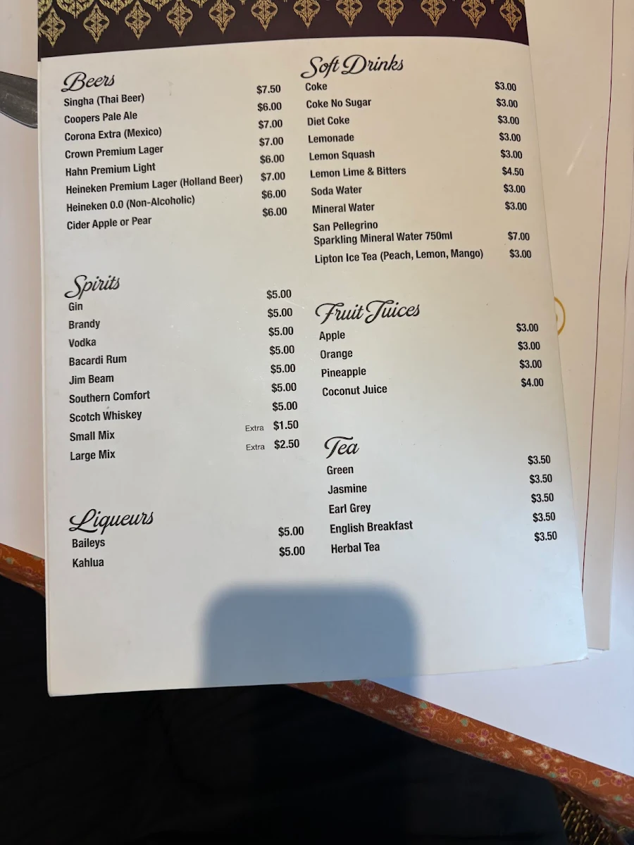 Menu, Manee Siam Thai Restaurant