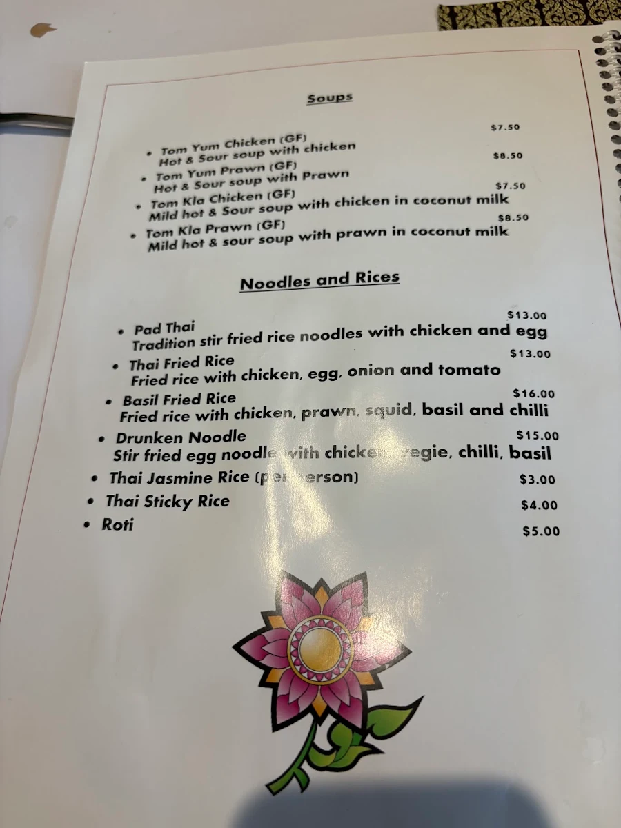 Menu, Manee Siam Thai Restaurant