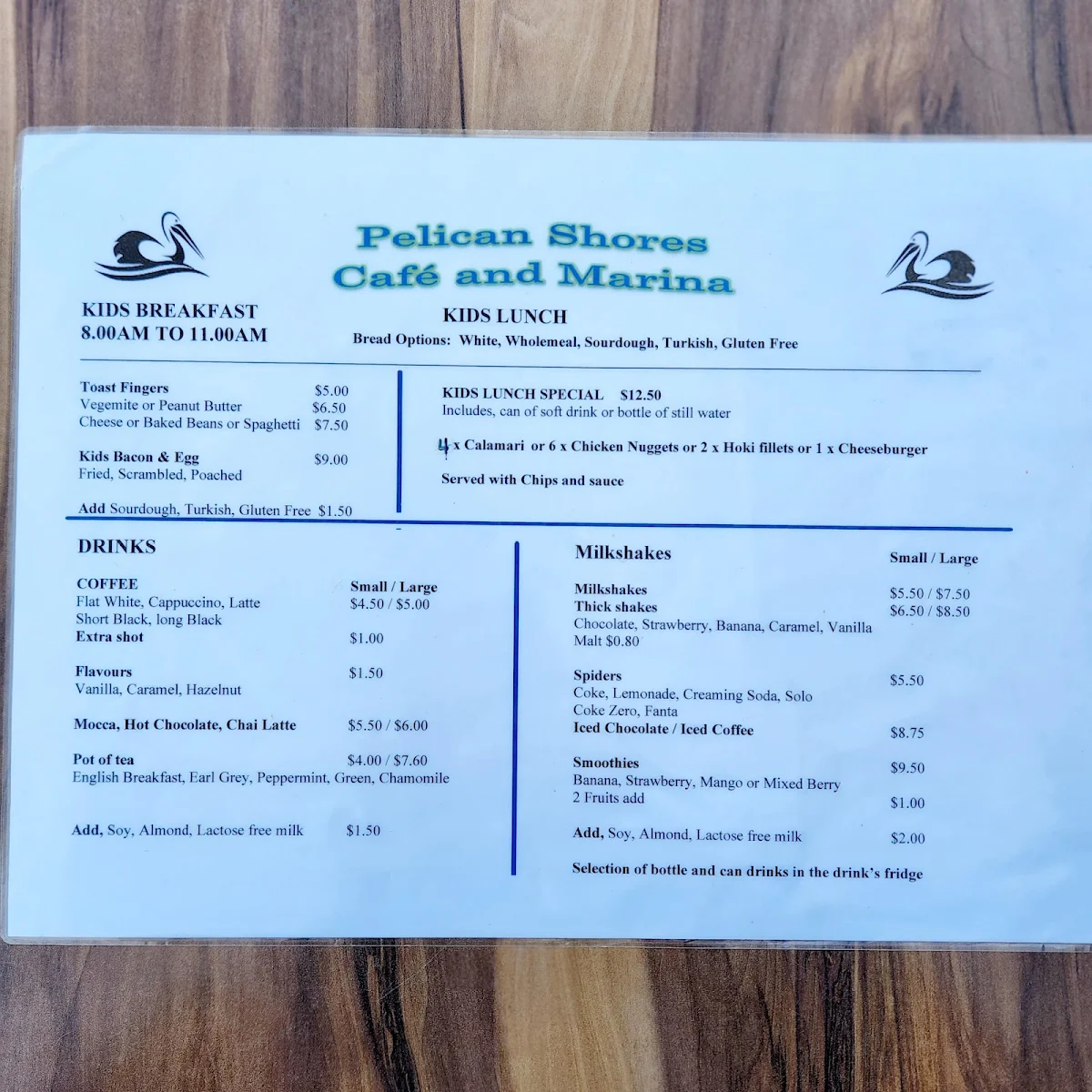 Menu, Pelican Shores Café and Marina