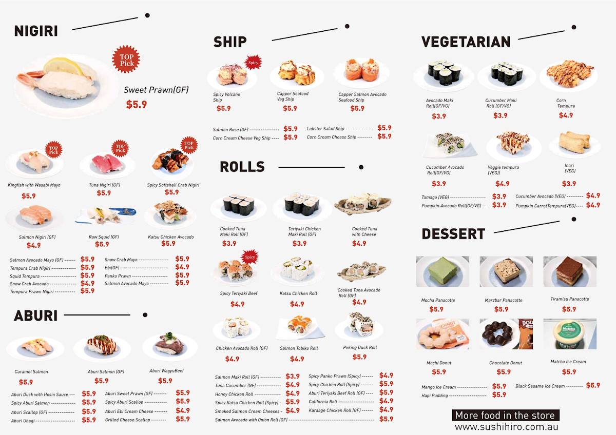 Menu, Sushi Hiro