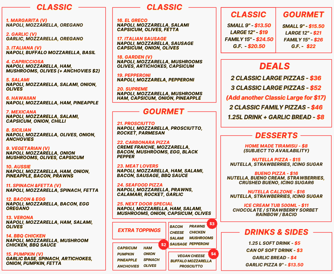 Menu, Next Door Pizza - Fitzroy North
