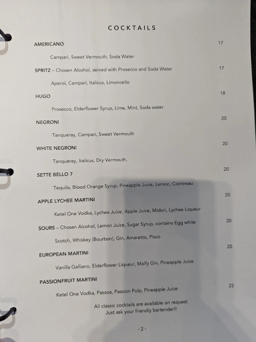 Menu, Sette Bello