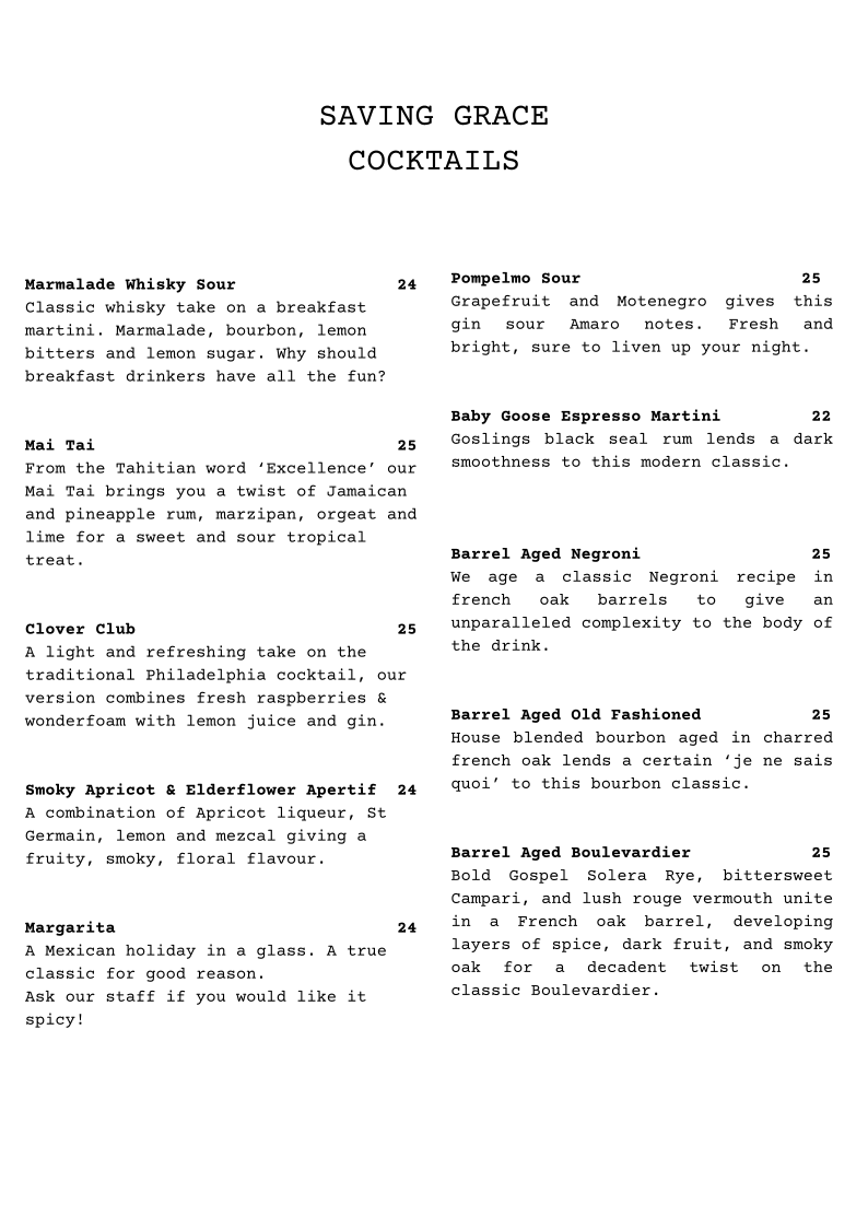 Menu, Saving Grace