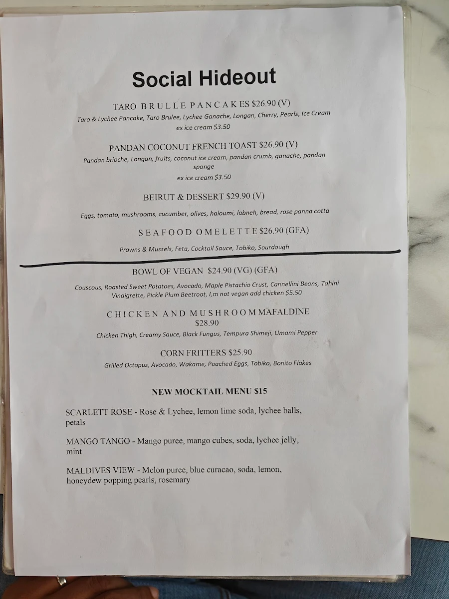 Menu, Social Hideout Parramatta