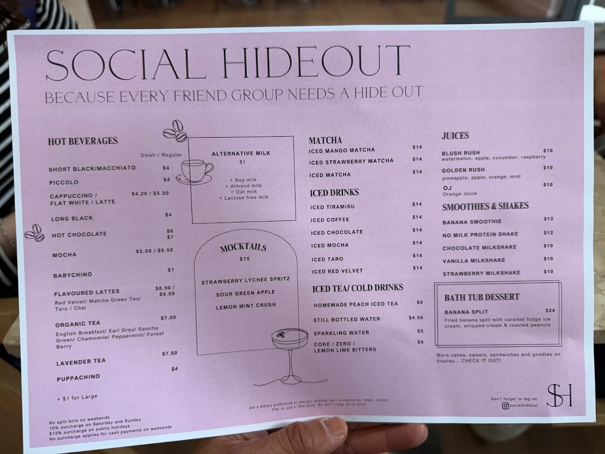 Menu, Social Hideout Parramatta