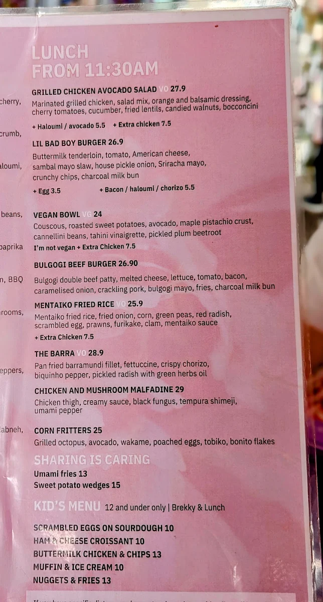Menu, Social Hideout Parramatta