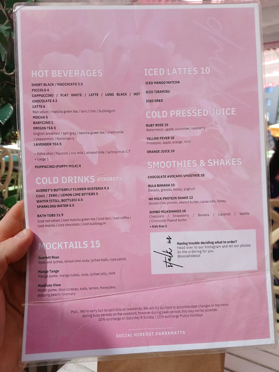 Menu, Social Hideout Parramatta