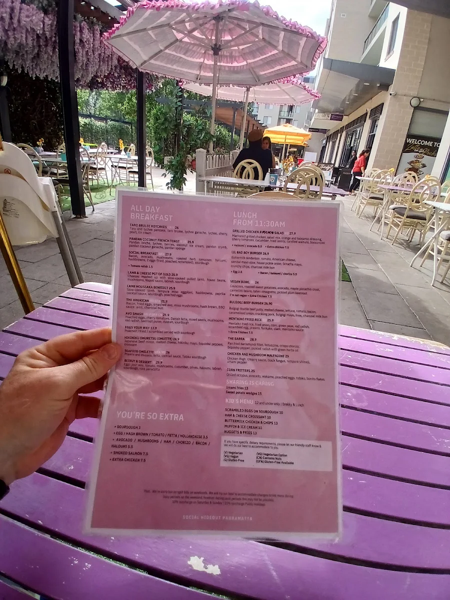 Menu, Social Hideout Parramatta