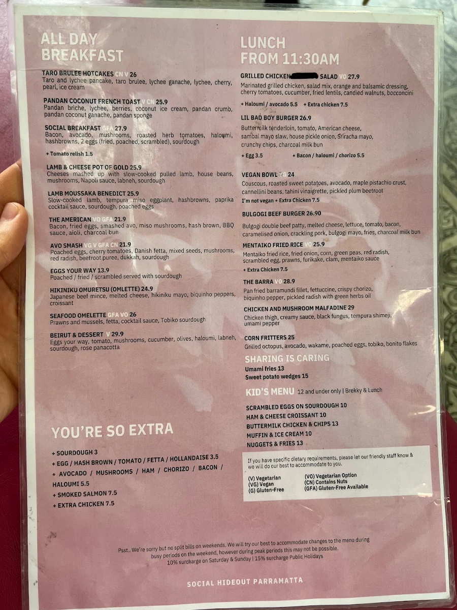Menu, Social Hideout Parramatta