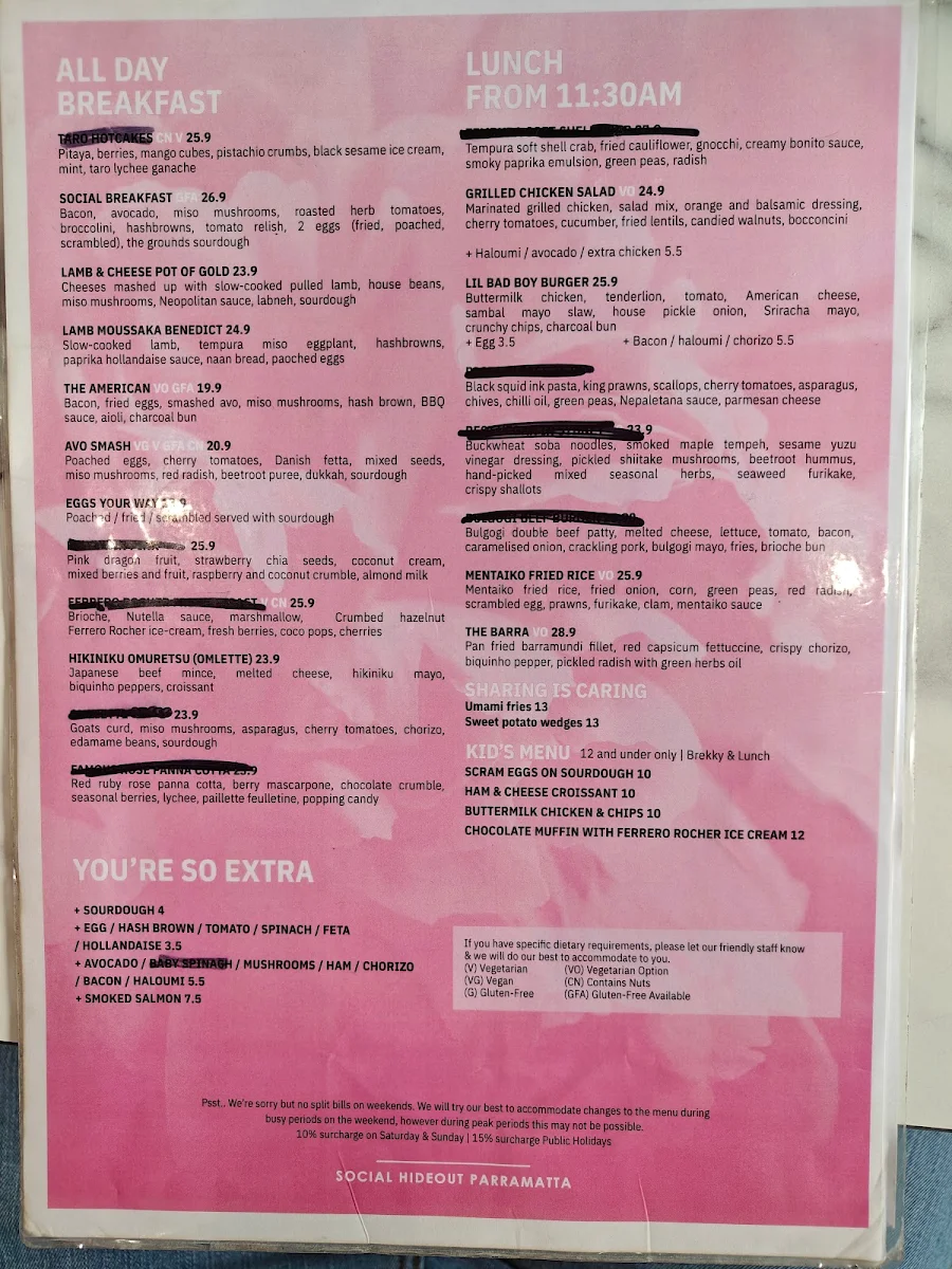 Menu, Social Hideout Parramatta