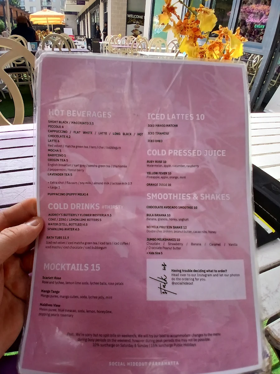 Menu, Social Hideout Parramatta