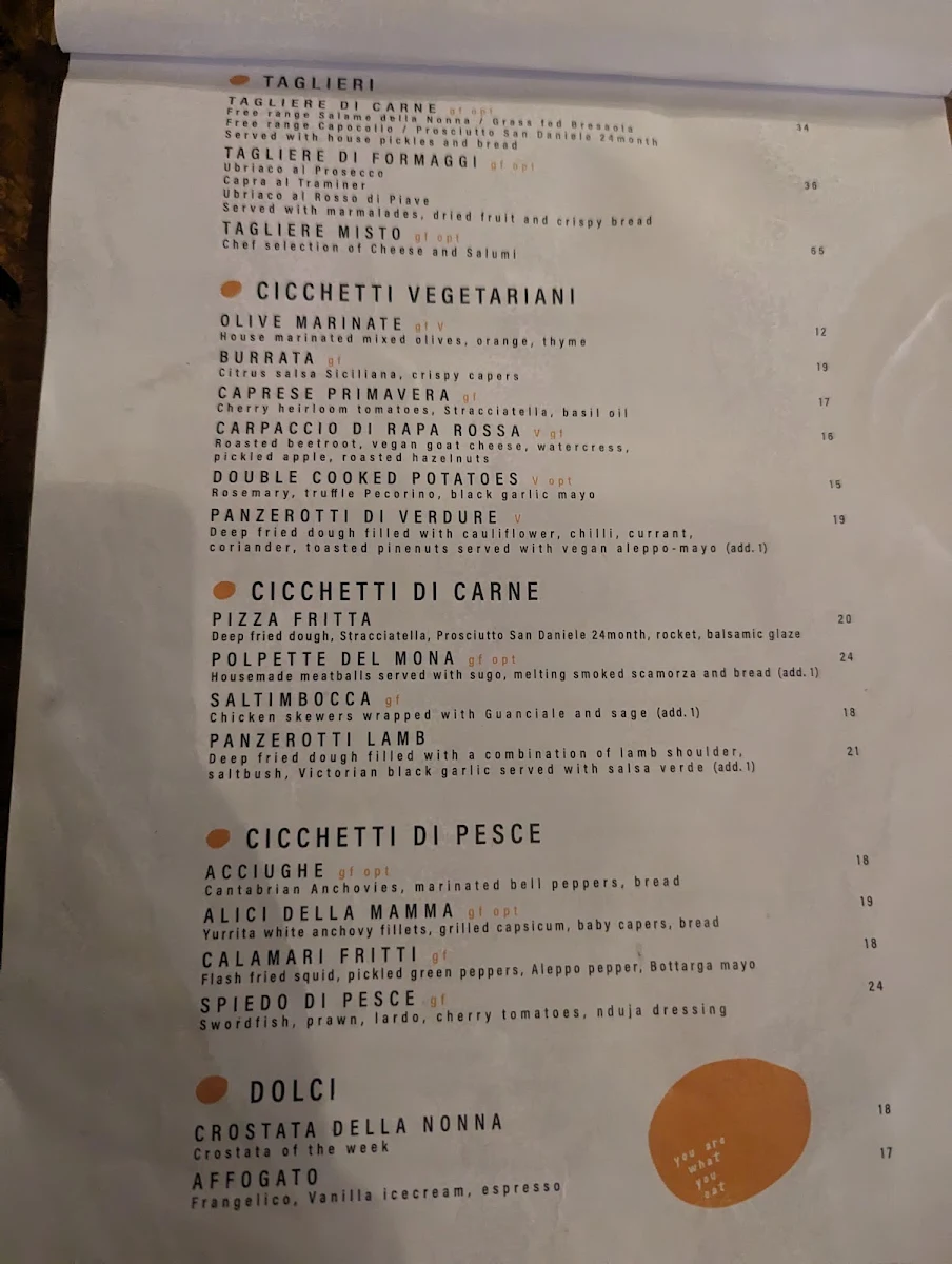 Menu, Mona Cicchetti Bar