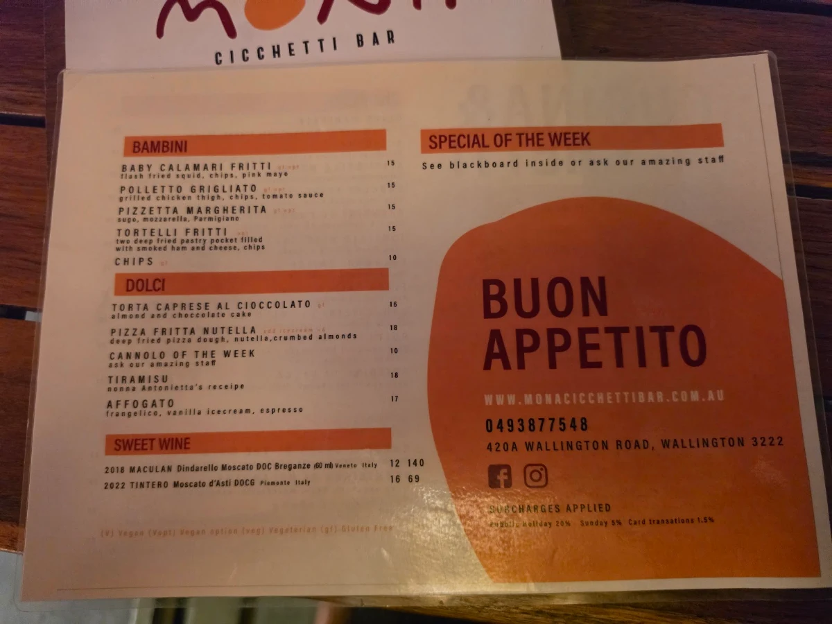Menu, Mona Cicchetti Bar