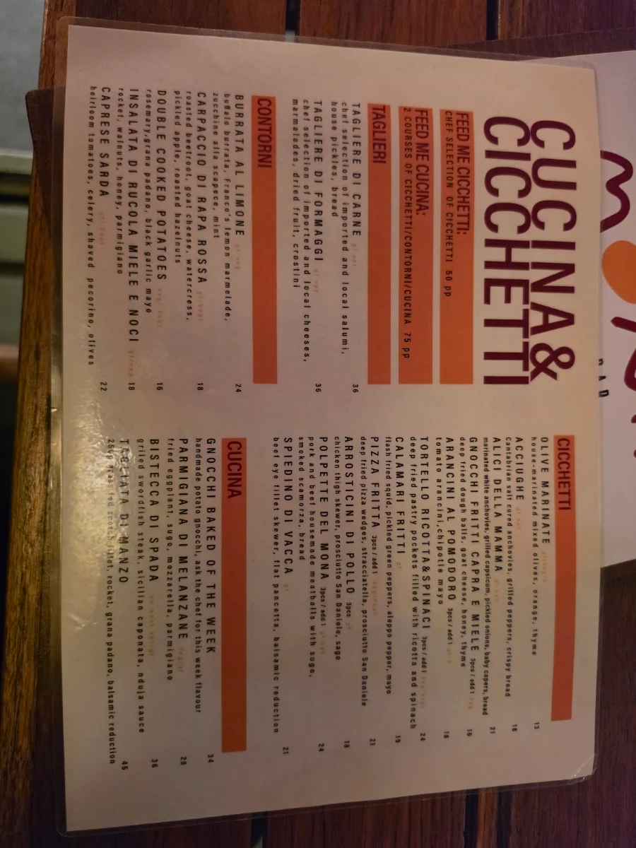 Menu, Mona Cicchetti Bar