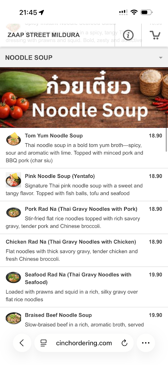 Menu, Zaap Street Mildura