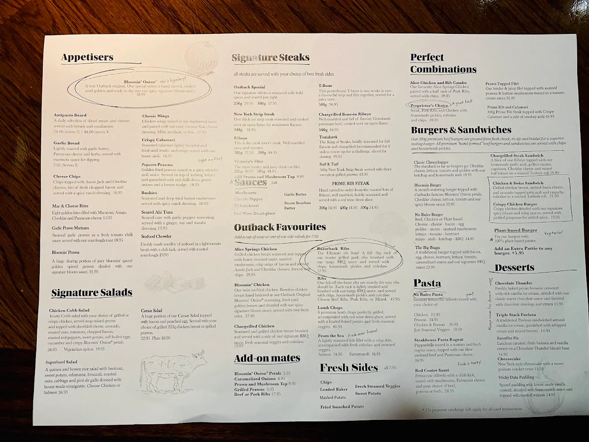 Menu, Outback Steakhouse Campbelltown