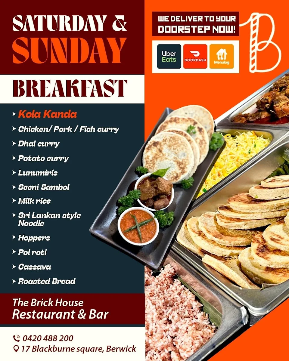 Menu, The Brick House Sri Lankan Restaurant & Bar Berwick
