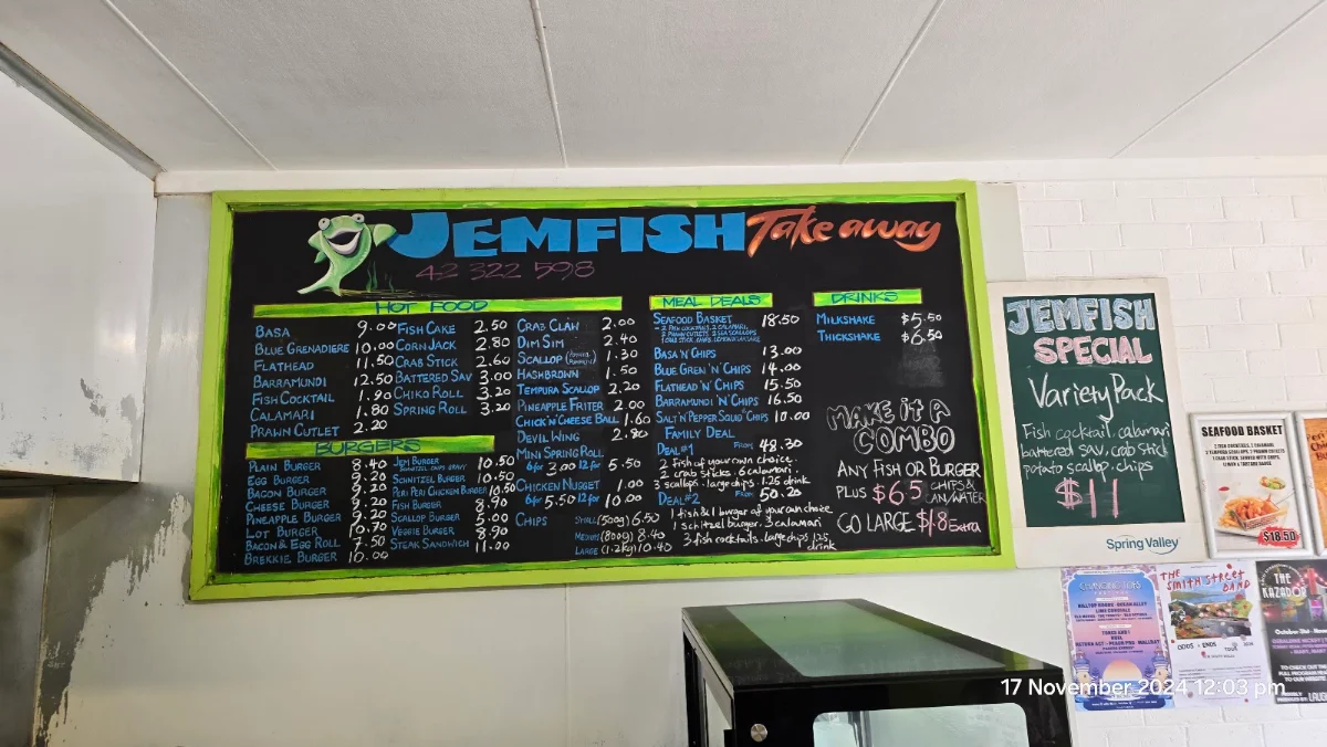 Menu, Jemfish Takeaway