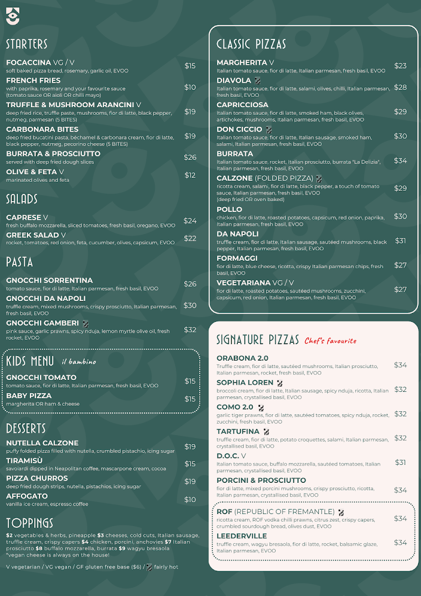 Menu, Pizzeria Da Napoli Leederville