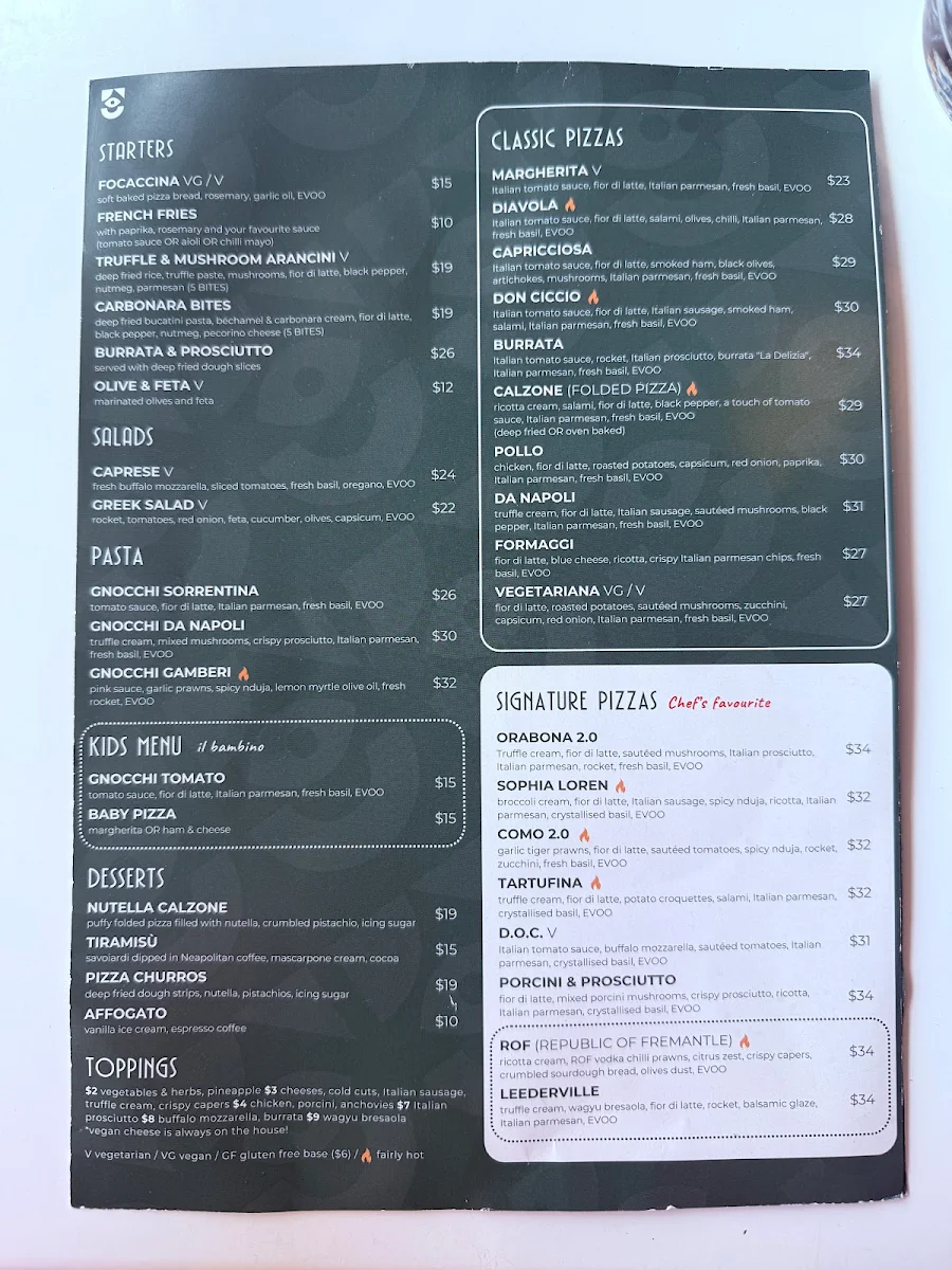 Menu, Pizzeria Da Napoli Leederville