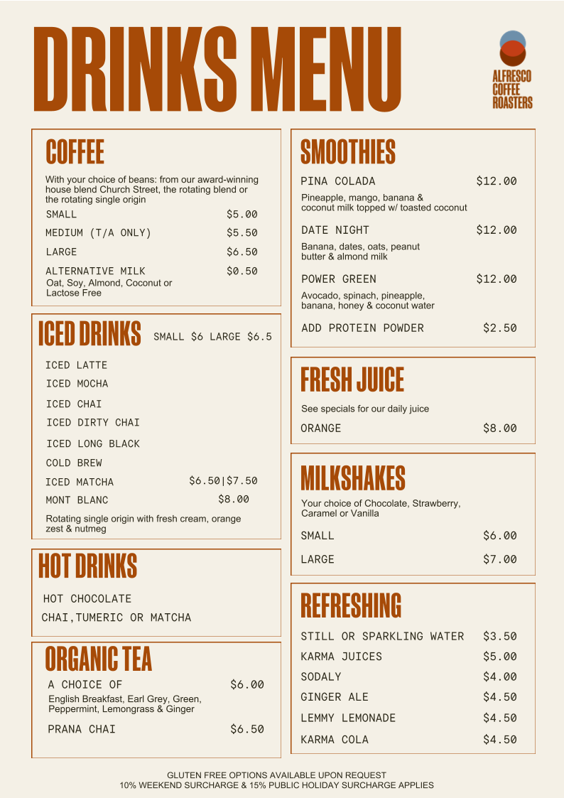 Menu, Alfresco Coffee Batemans Bay