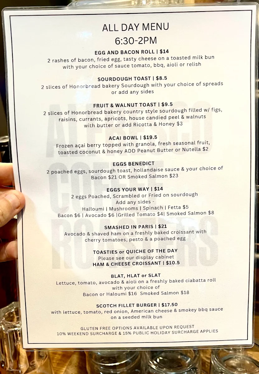 Menu, Alfresco Coffee Batemans Bay
