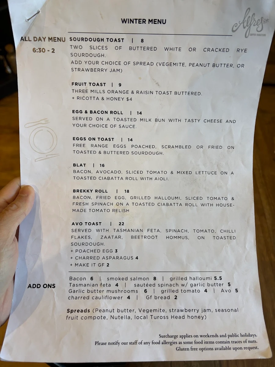 Menu, Alfresco Coffee Batemans Bay