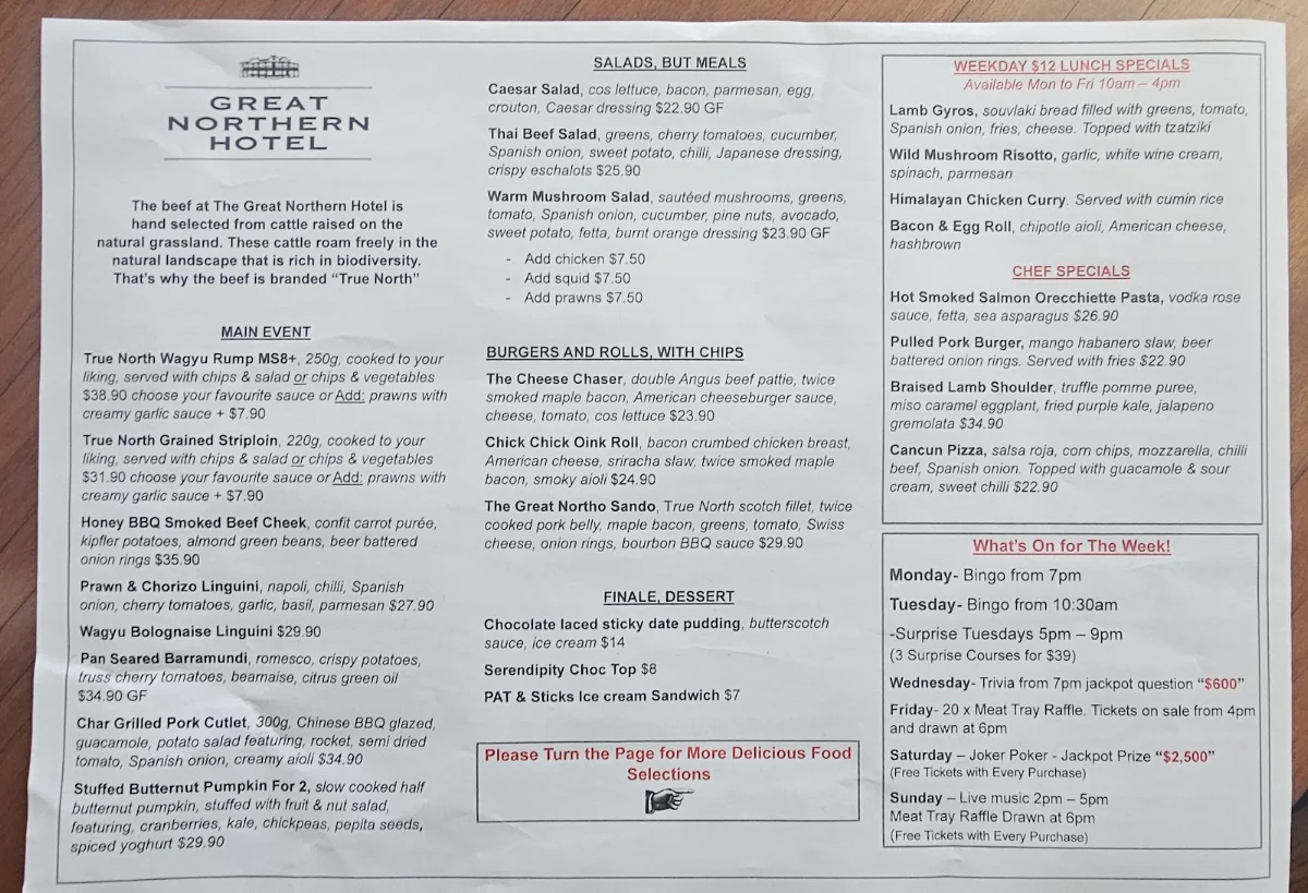 Menu, Great Northern Hotel