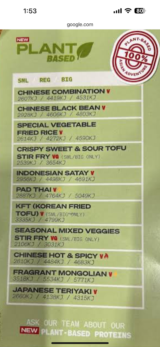 Menu, Nature's Wok Glenelg
