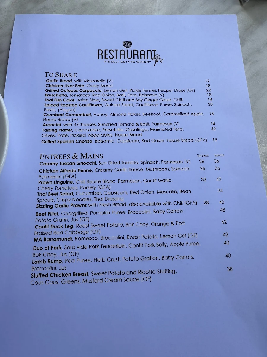 Menu, Pinelli Estate Winery Restaurant