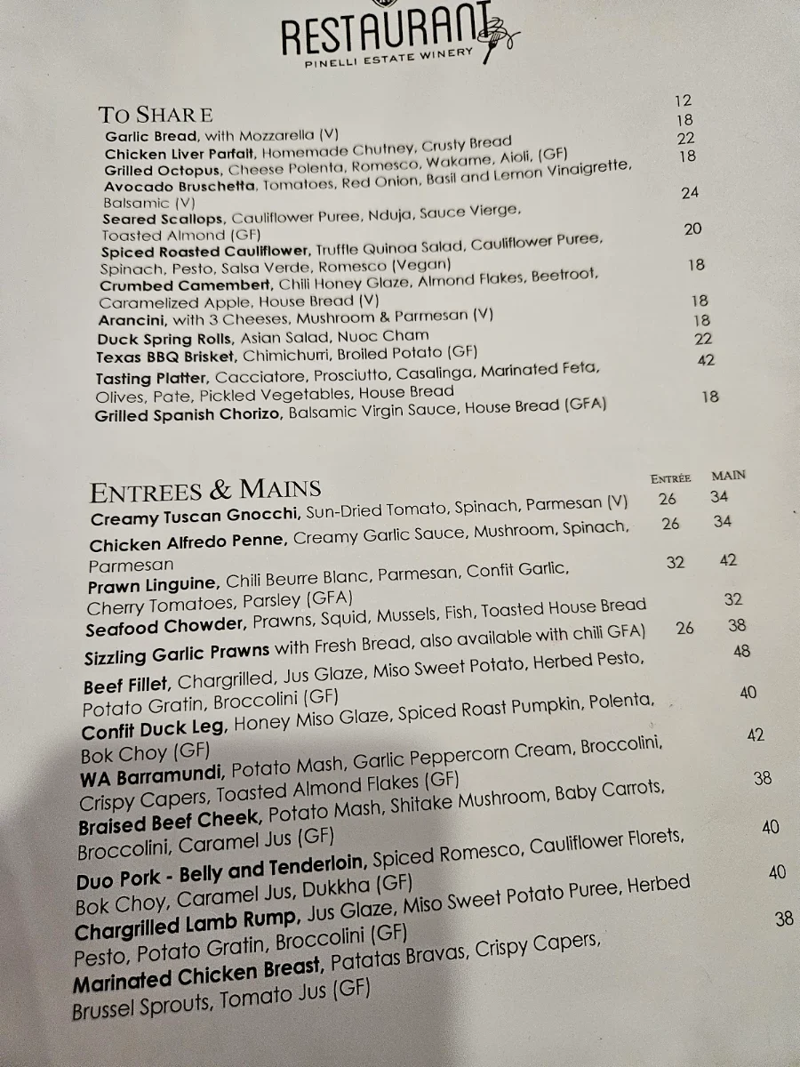 Menu, Pinelli Estate Winery Restaurant