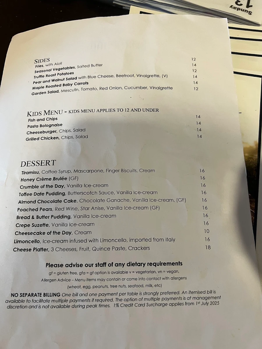 Menu, Pinelli Estate Winery Restaurant