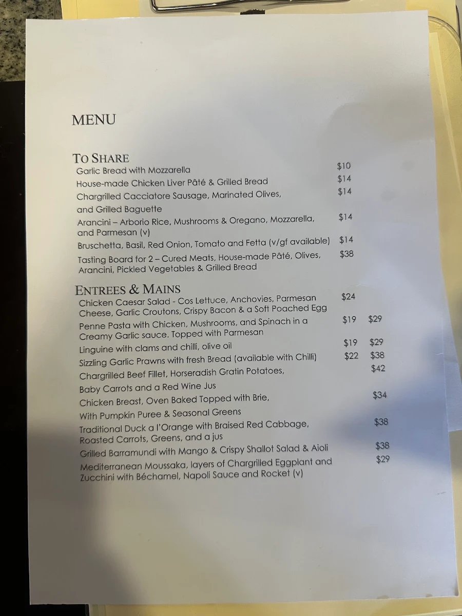 Menu, Pinelli Estate Winery Restaurant