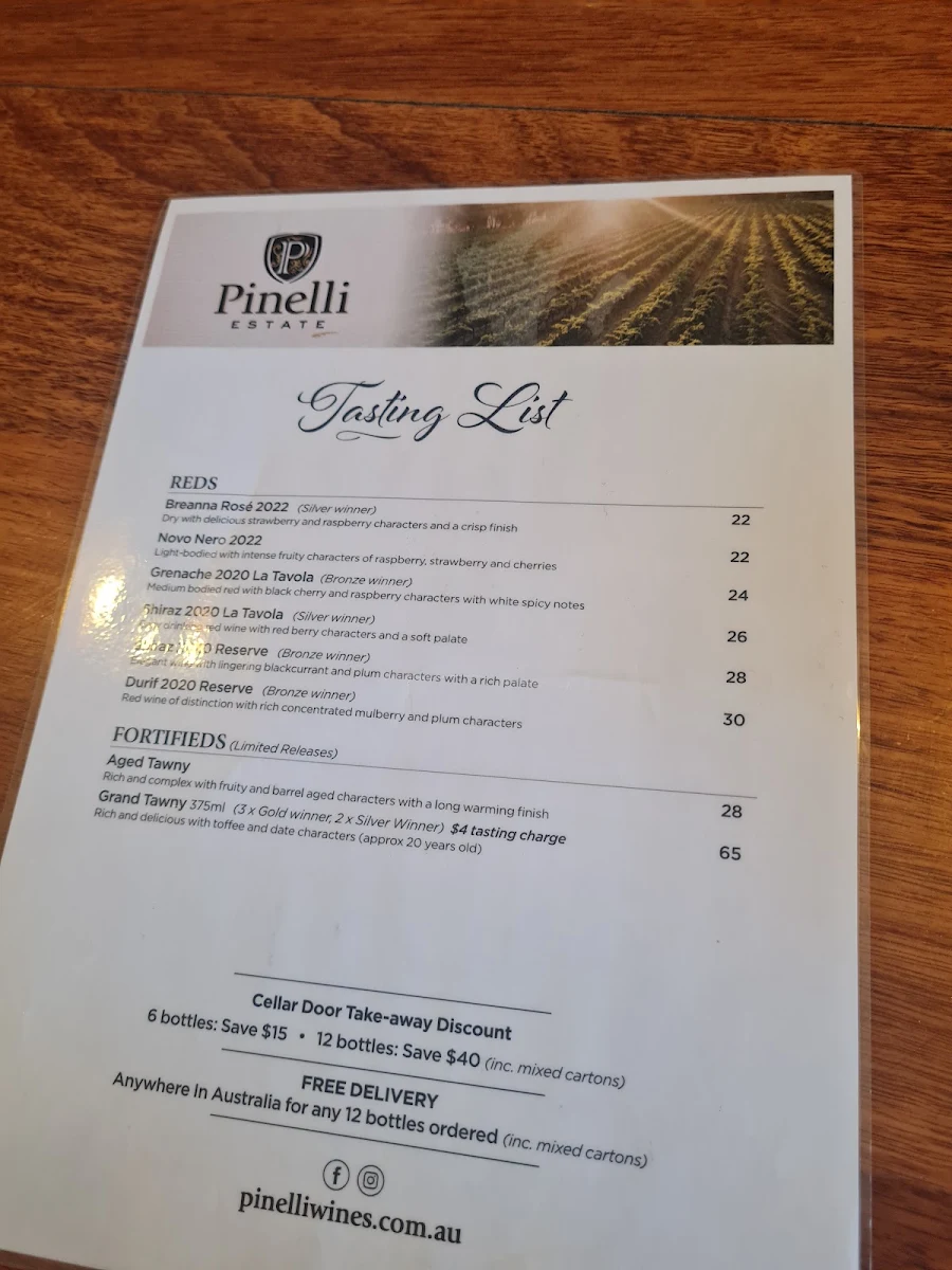 Menu, Pinelli Estate Winery Restaurant