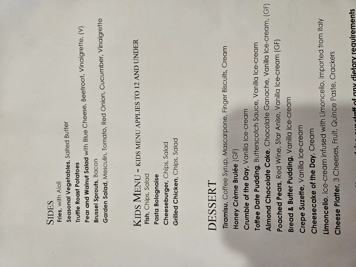 Menu, Pinelli Estate Winery Restaurant