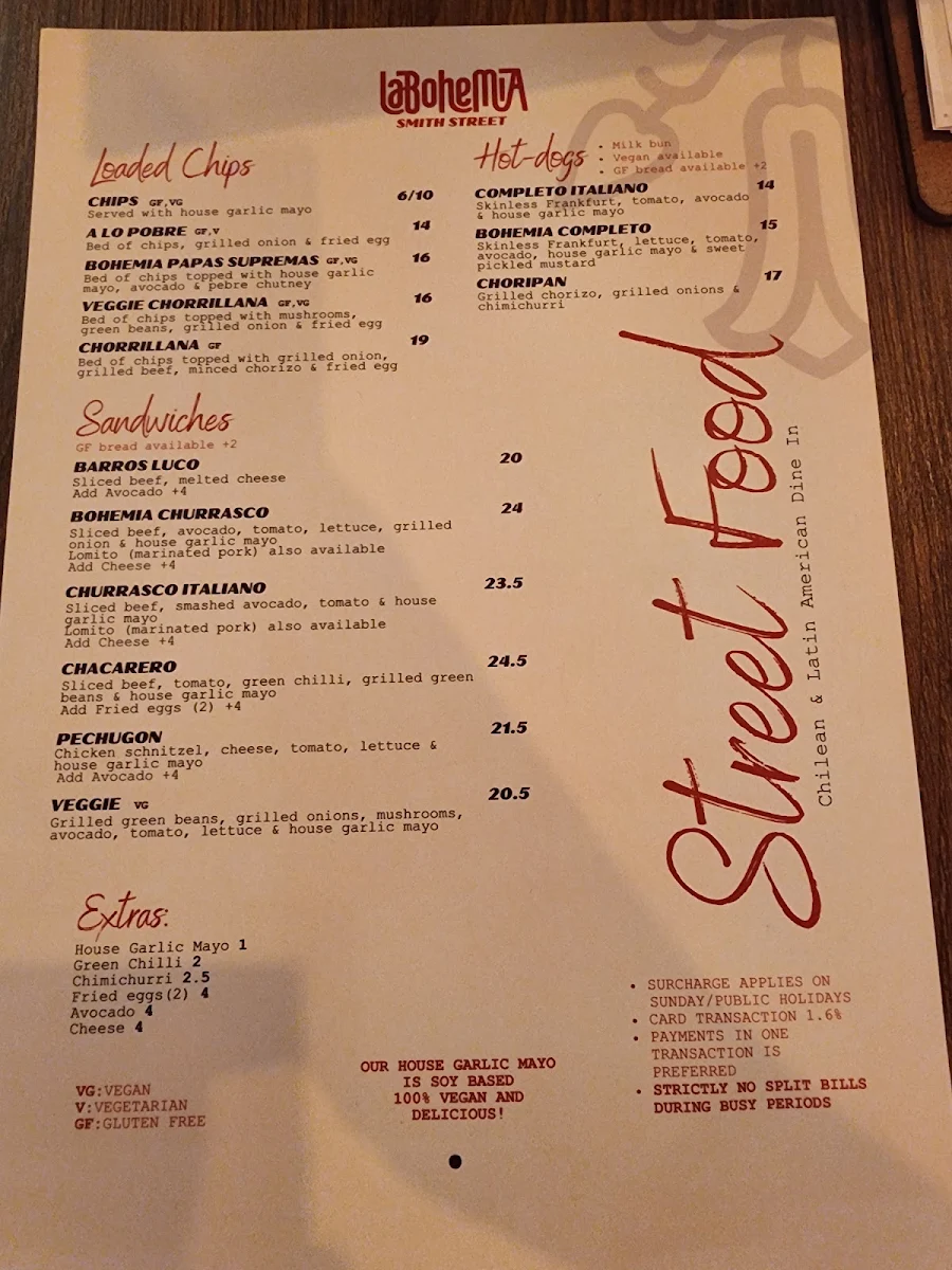 Menu, La Bohemia Smith Street