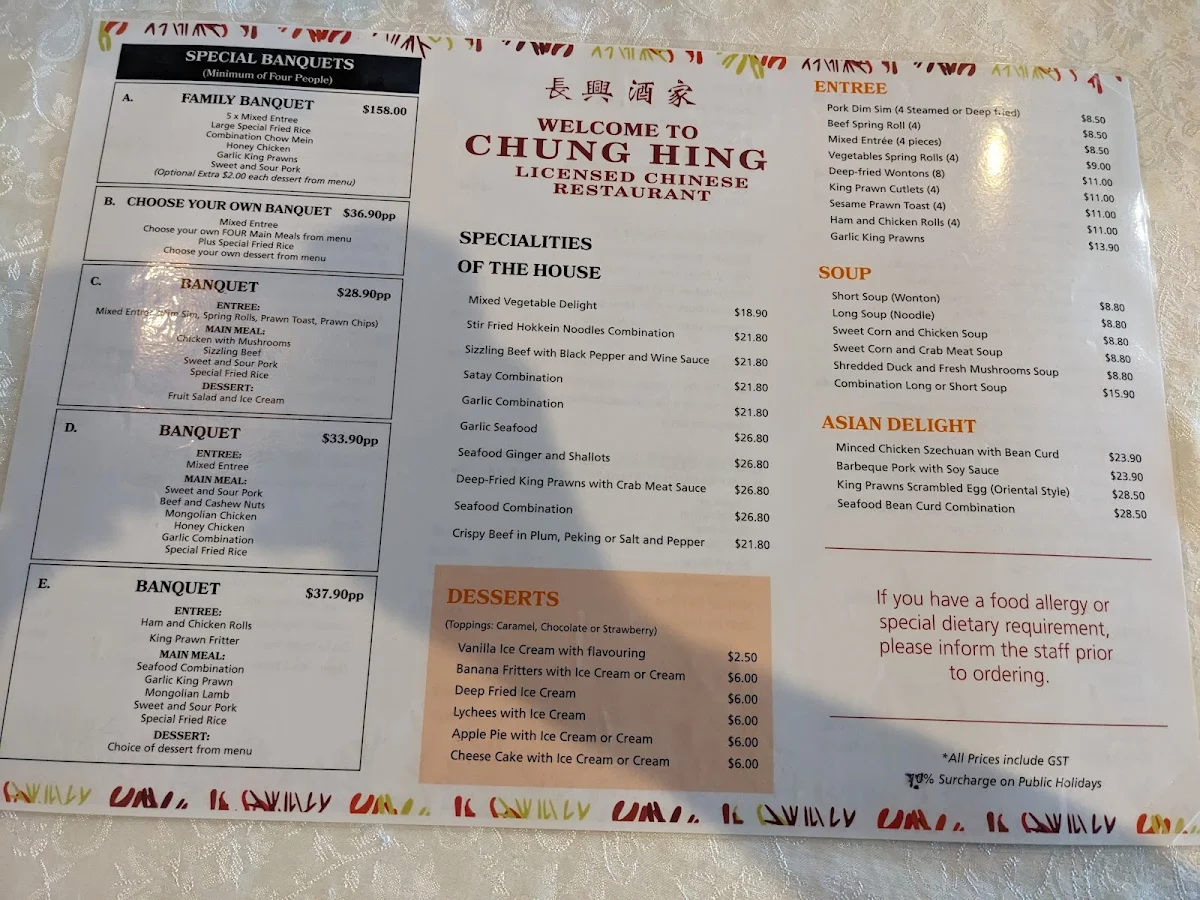 Menu, Chung Hing Licensed Chinese Restaurant