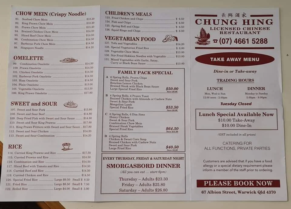 Menu, Chung Hing Licensed Chinese Restaurant