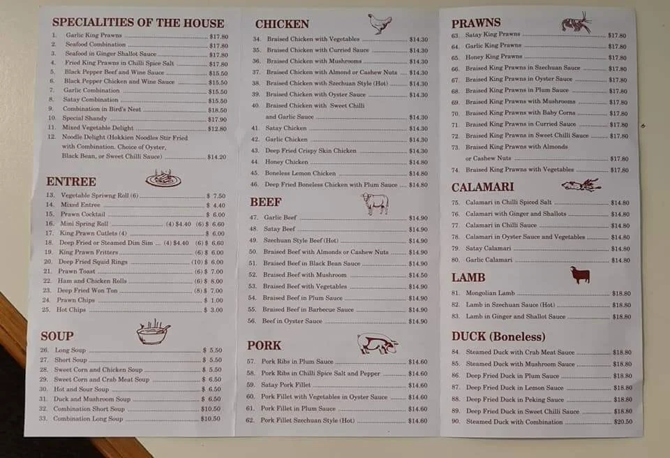 Menu, Chung Hing Licensed Chinese Restaurant