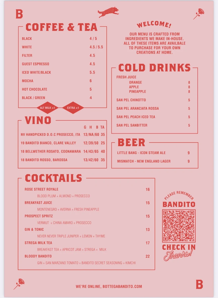 Menu, Bottega Bandito Prospect