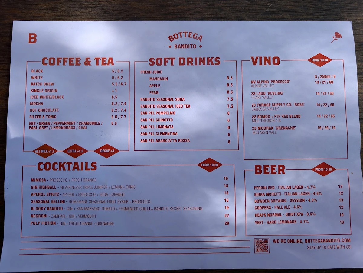 Menu, Bottega Bandito Prospect