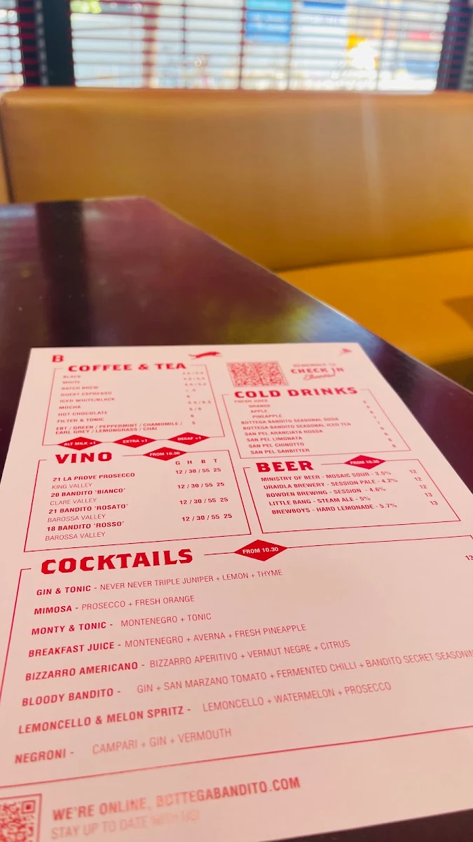 Menu, Bottega Bandito Prospect