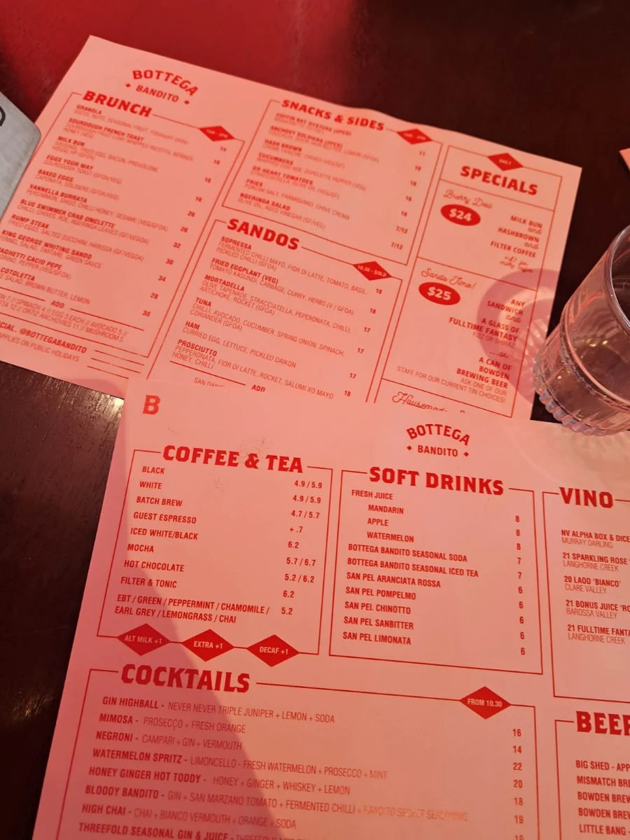 Menu, Bottega Bandito Prospect